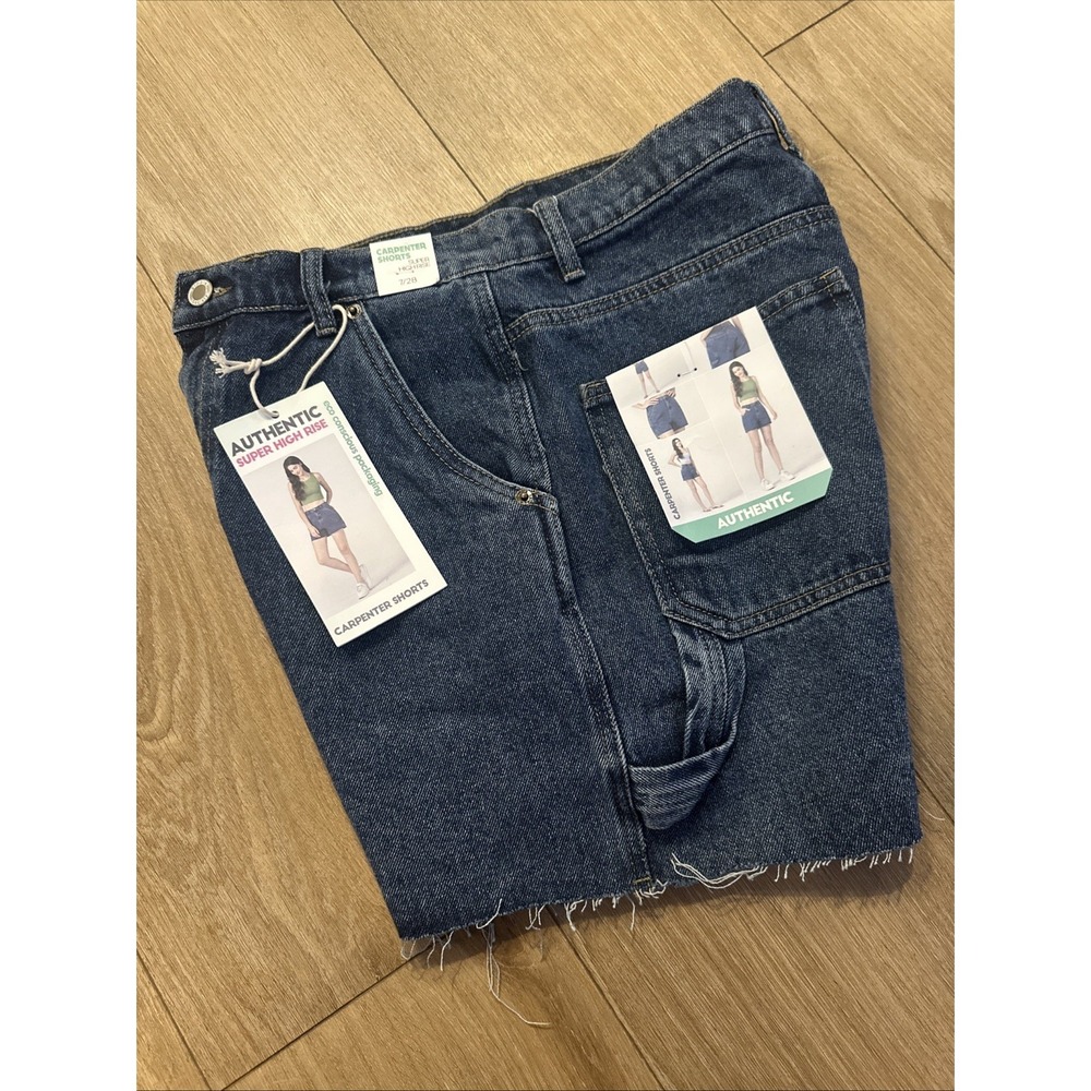 Simple Society Super High Rise Carpenter‎ Shorts Junior's 7/28 Denim Raw Hem NWT